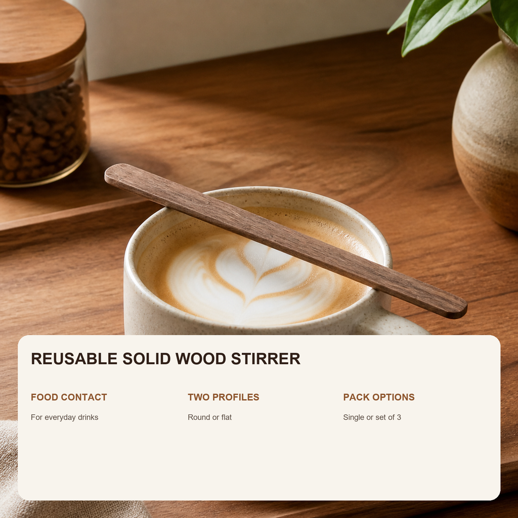 Reusable solid walnut coffee and tea stirrer features