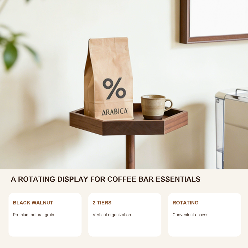 Rotating two-tier solid black walnut coffee display features