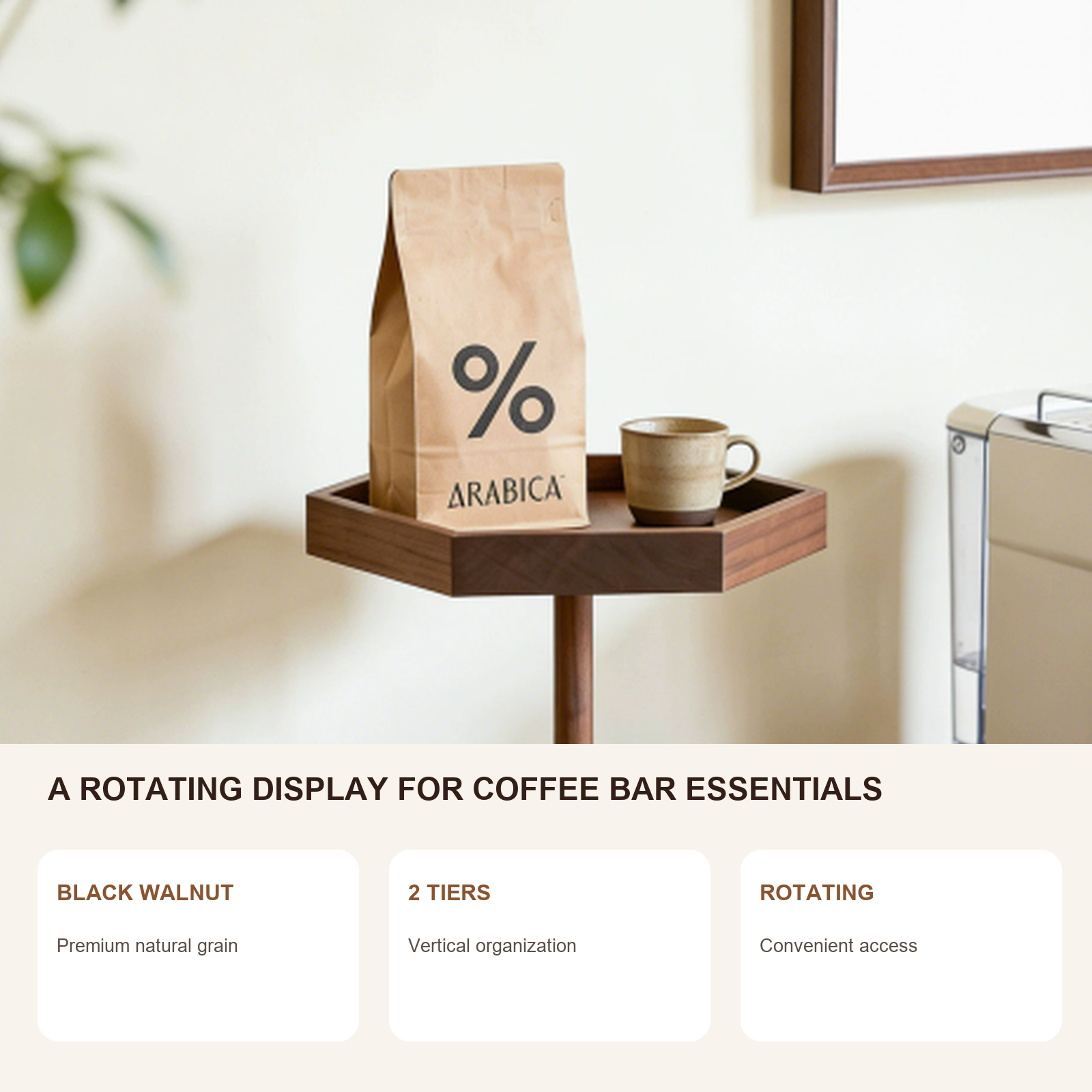 Rotating two-tier solid black walnut coffee display features
