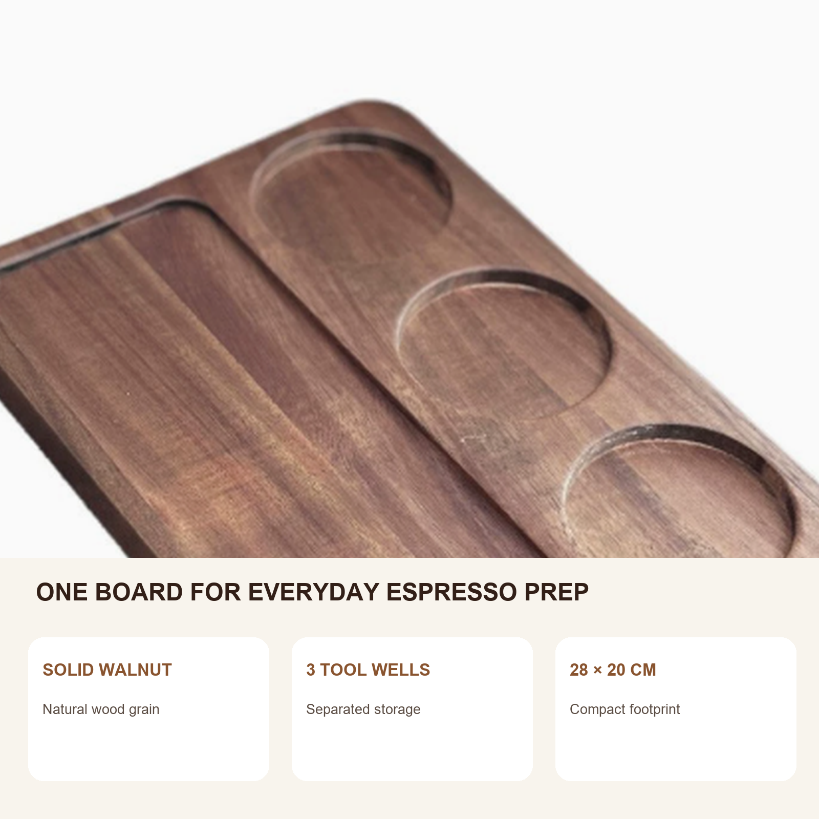 Solid walnut espresso preparation board features