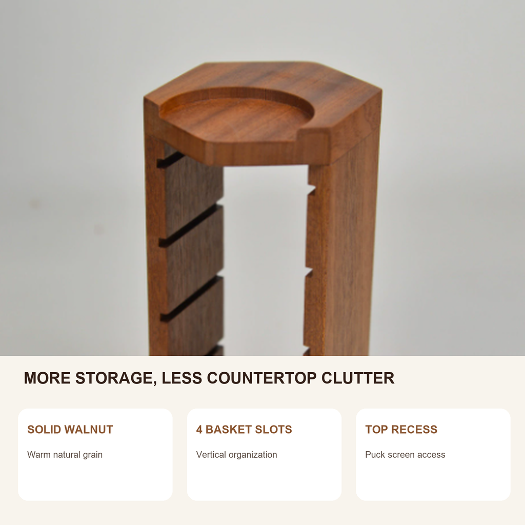 Solid walnut vertical espresso accessory storage features