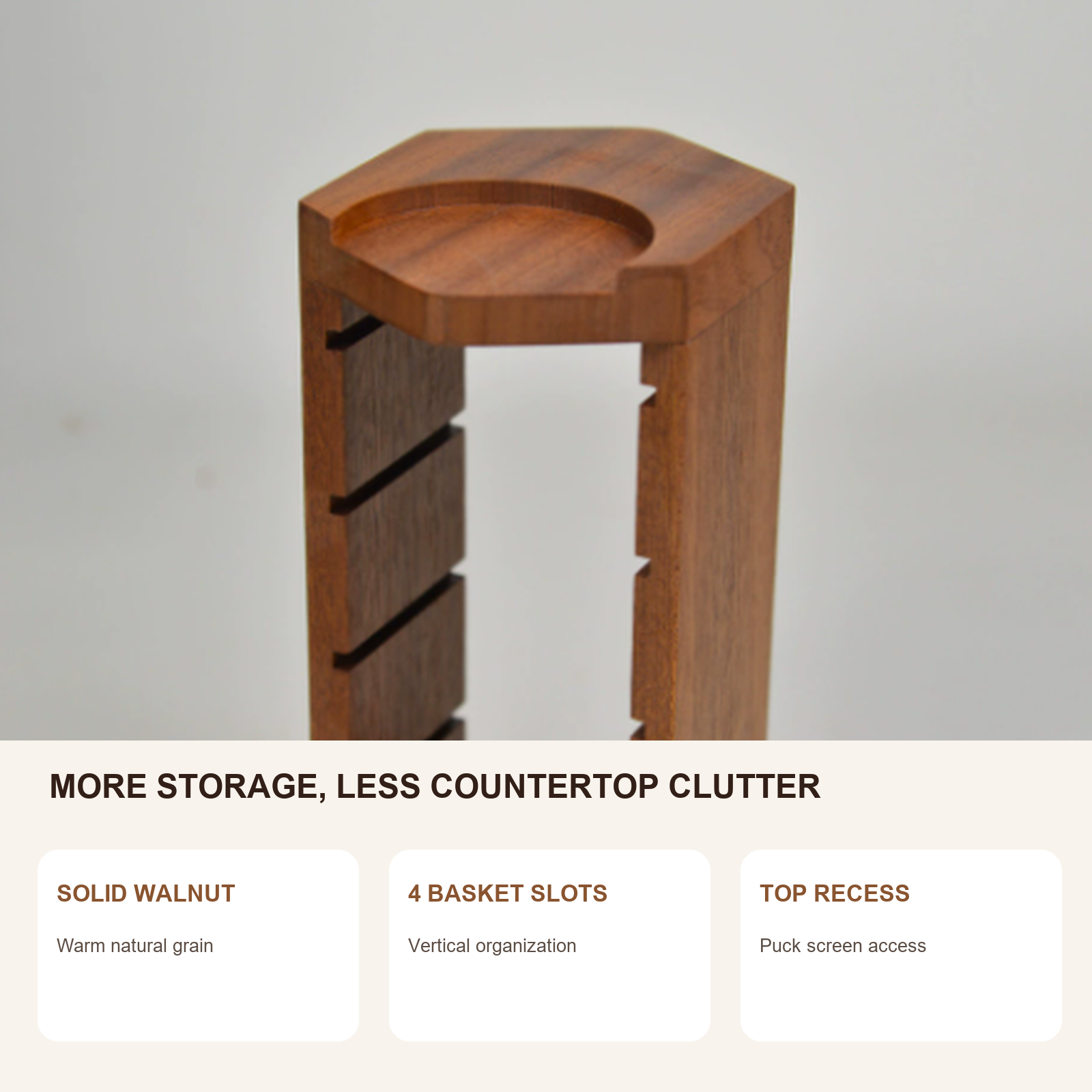 Solid walnut vertical espresso accessory storage features