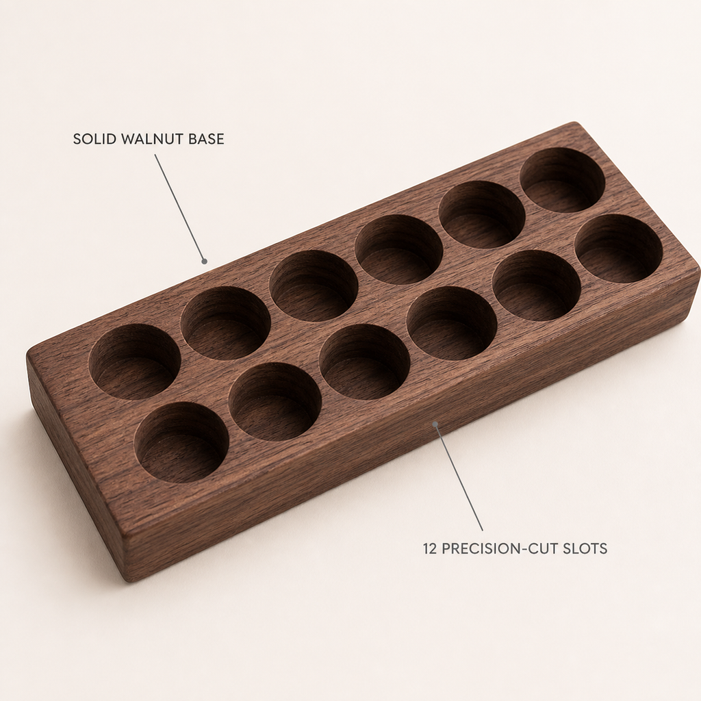 Solid walnut organizer base with twelve precision-cut tube slots