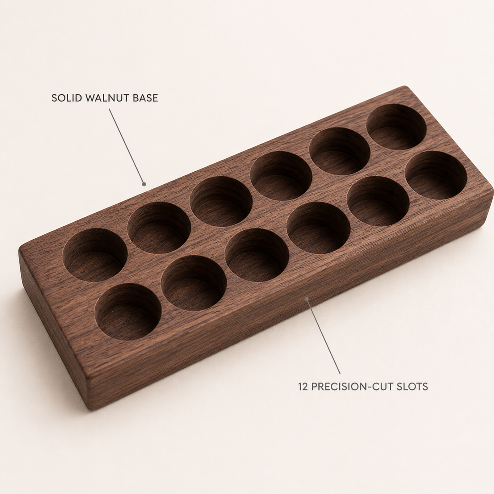 Solid walnut organizer base with twelve precision-cut tube slots