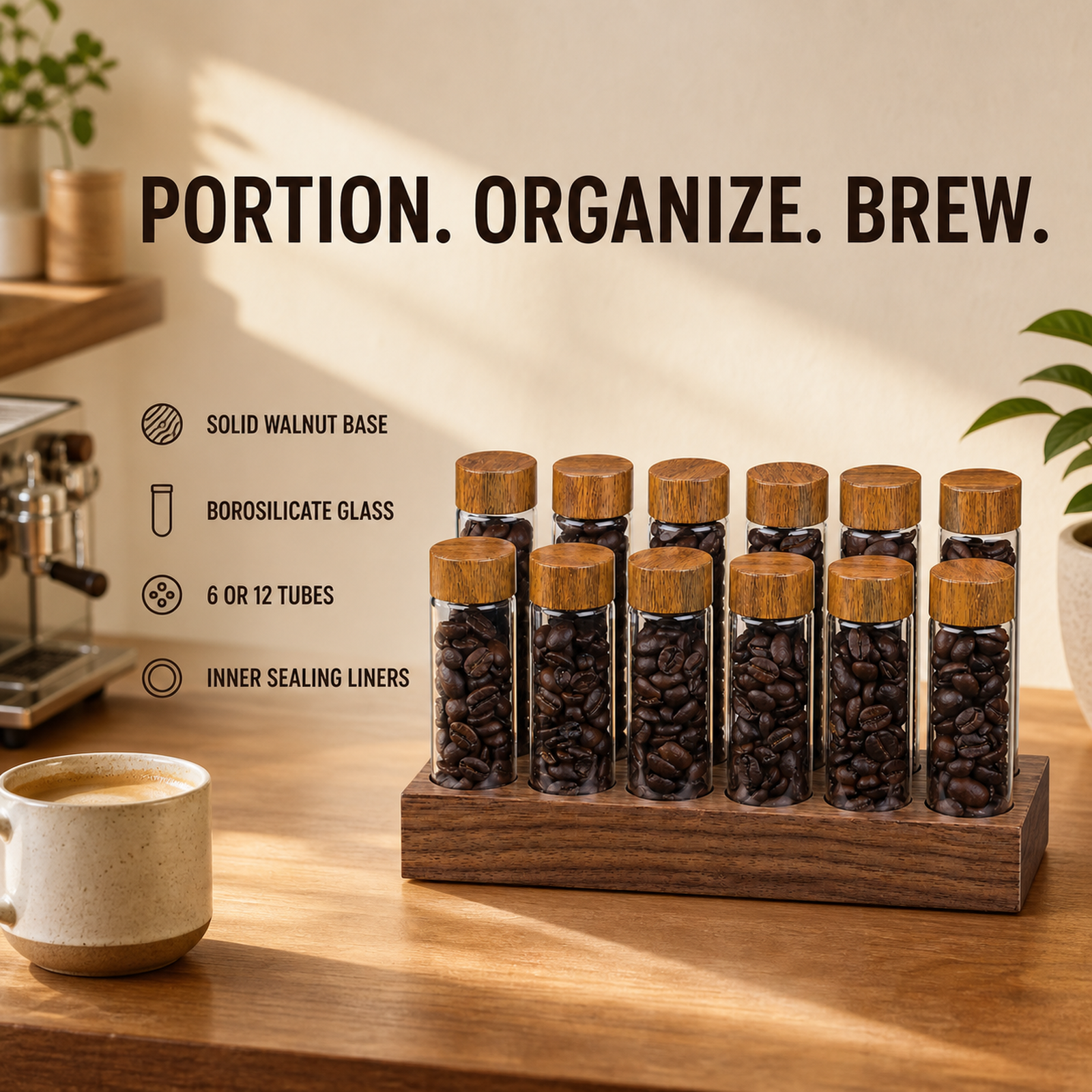 Solid walnut single-dose coffee organizer features with 6 or 12 tube options