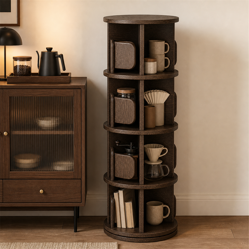 Rotating coffee storage tower styled with brewing accessories