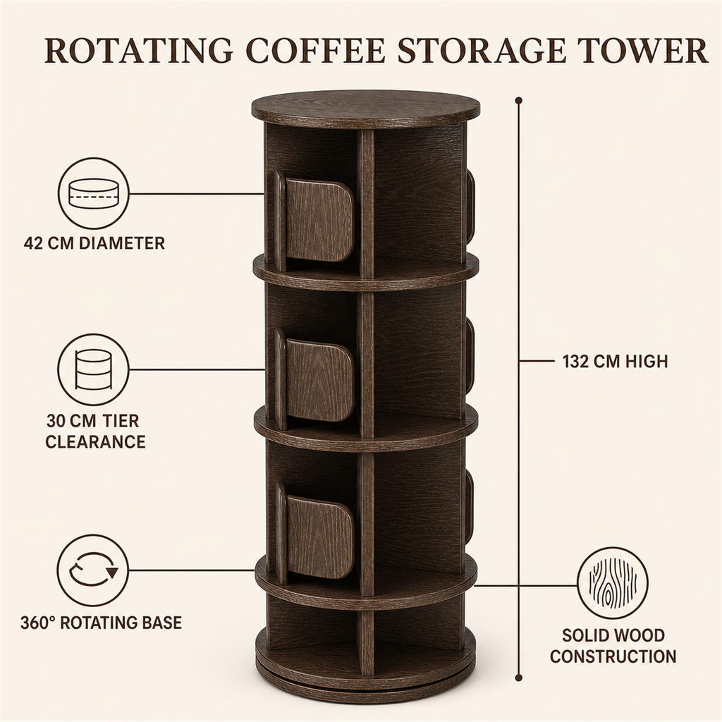 Four-tier rotating coffee tower dimensions and features