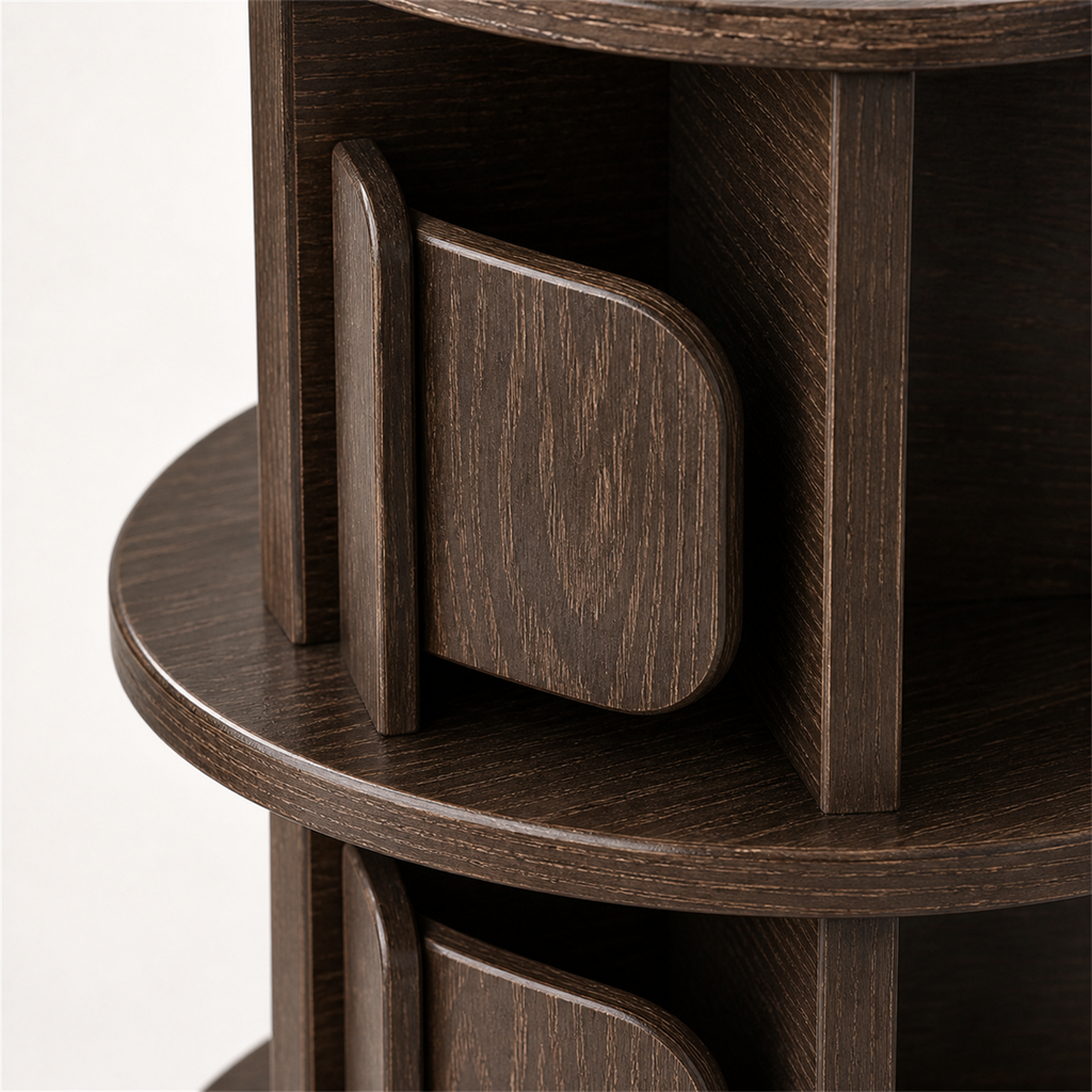 Rounded solid rubberwood compartment and shelf-edge detail