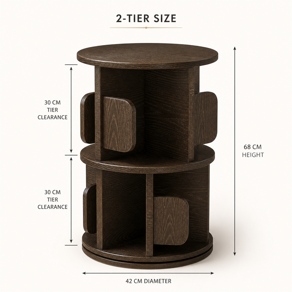 Two-tier rotating coffee tower dimensions 42 cm diameter by 68 cm height