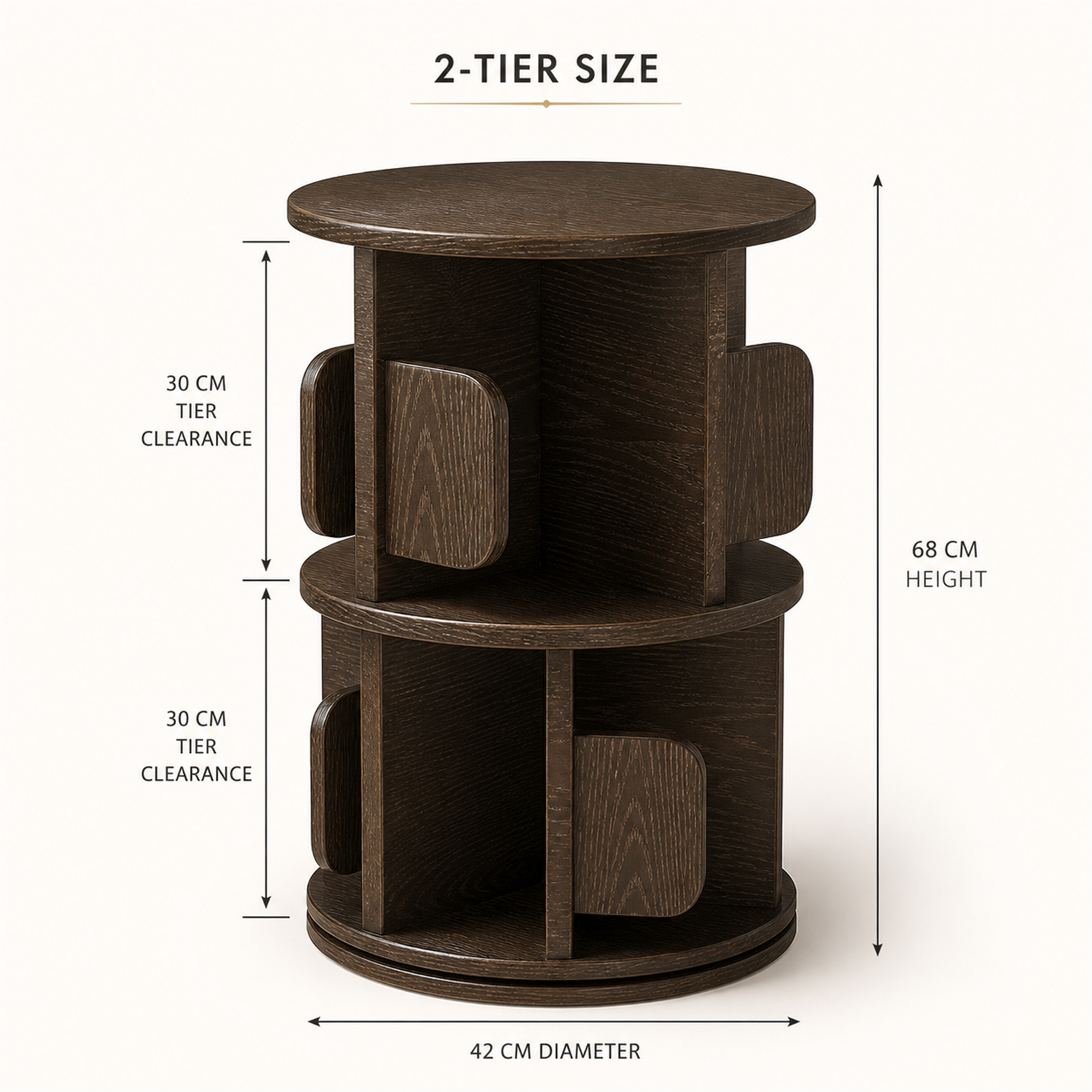 Two-tier rotating coffee tower dimensions 42 cm diameter by 68 cm height