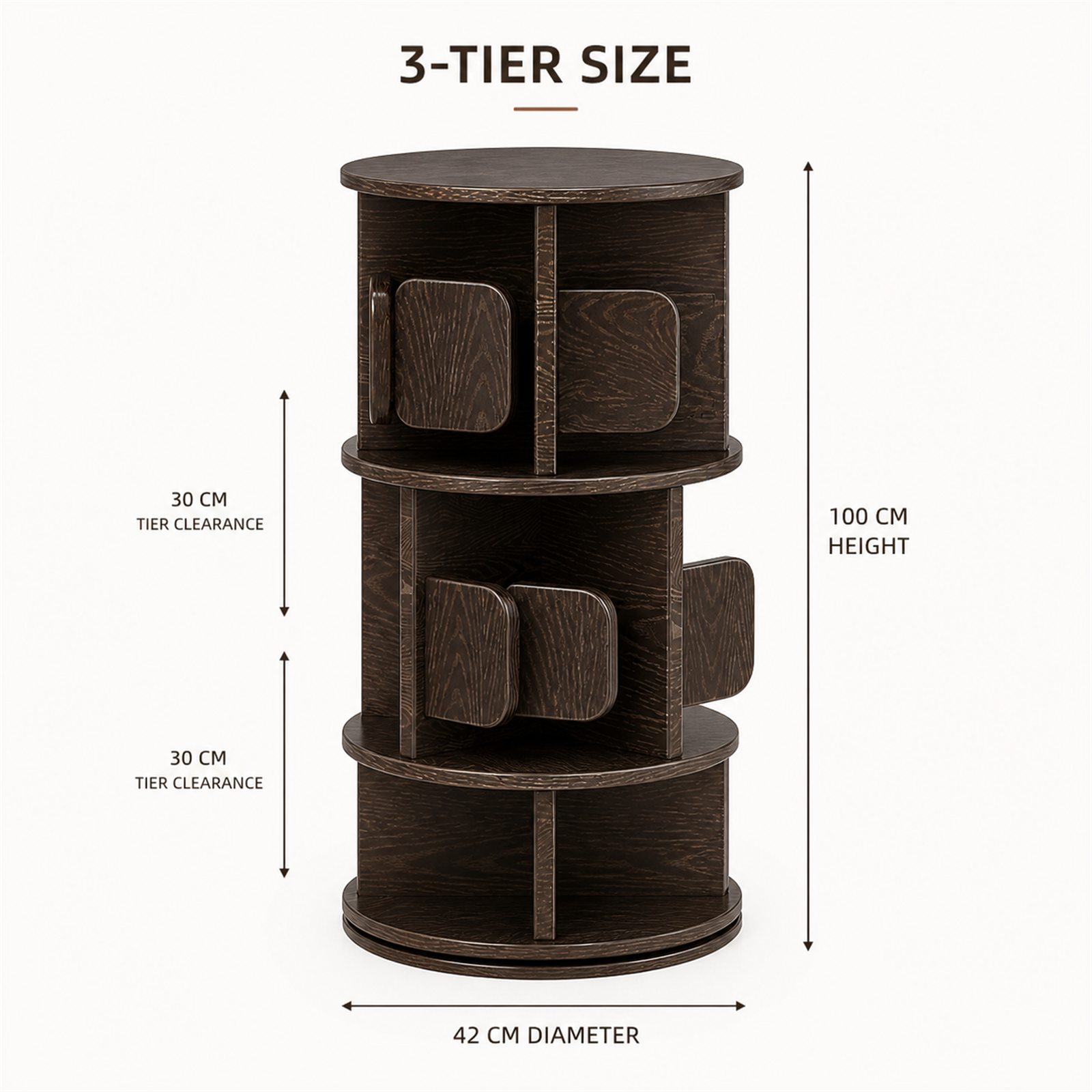 Three-tier rotating coffee tower dimensions 42 cm diameter by 100 cm height