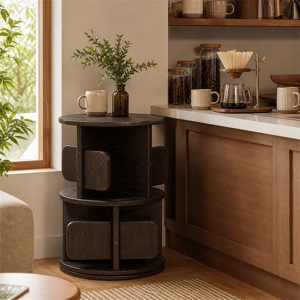 Two-tier rotating solid rubberwood coffee storage tower in a coffee corner