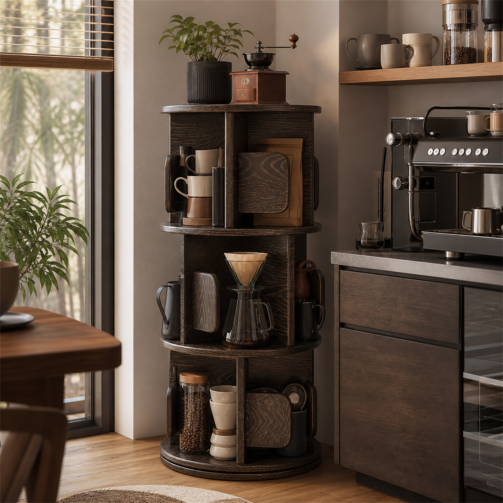 Three-tier rotating solid rubberwood coffee storage tower beside a coffee bar