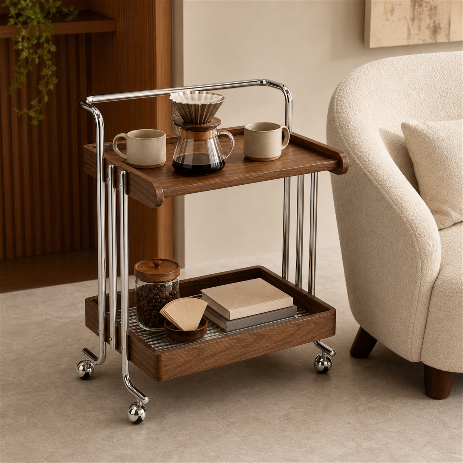 Mobile coffee cart styled beside a lounge chair