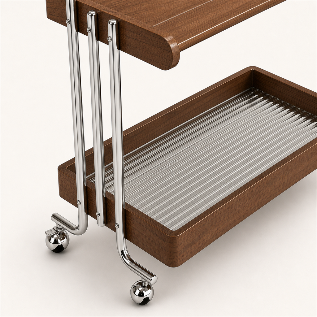 Ribbed tempered glass chrome frame and swivel caster detail