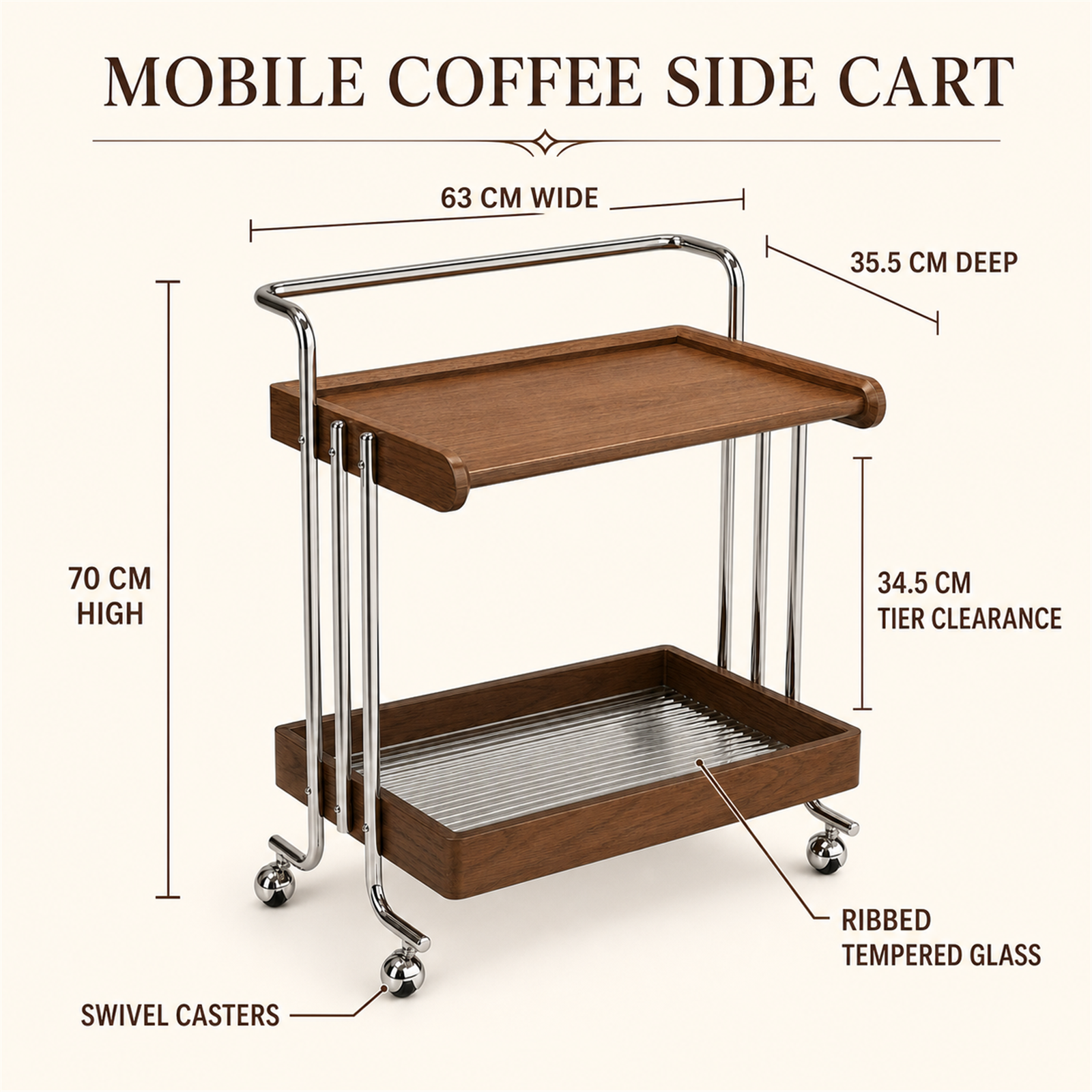 Mobile coffee side cart dimensions and materials