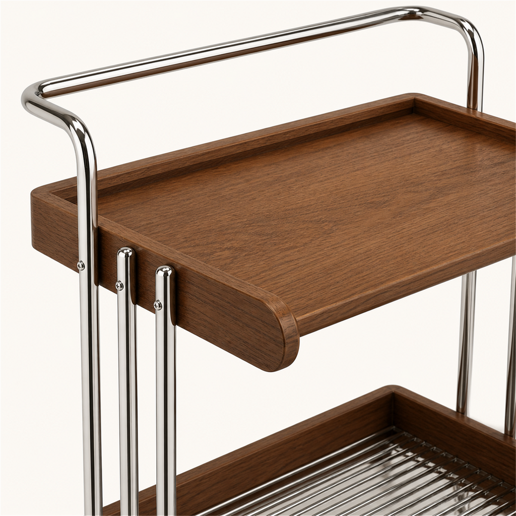 Raised solid rubberwood tray edge and chrome frame detail
