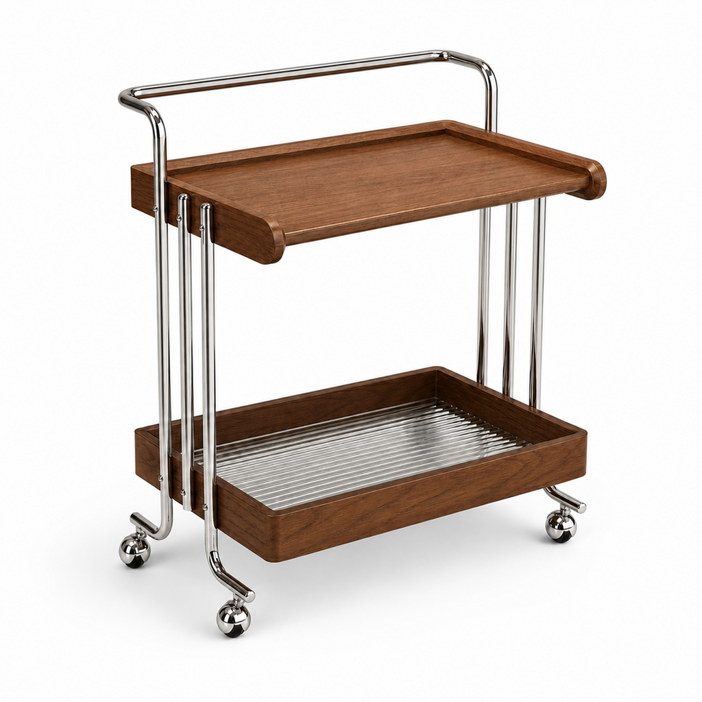 Walnut Brown solid rubberwood mobile coffee bar cart on white