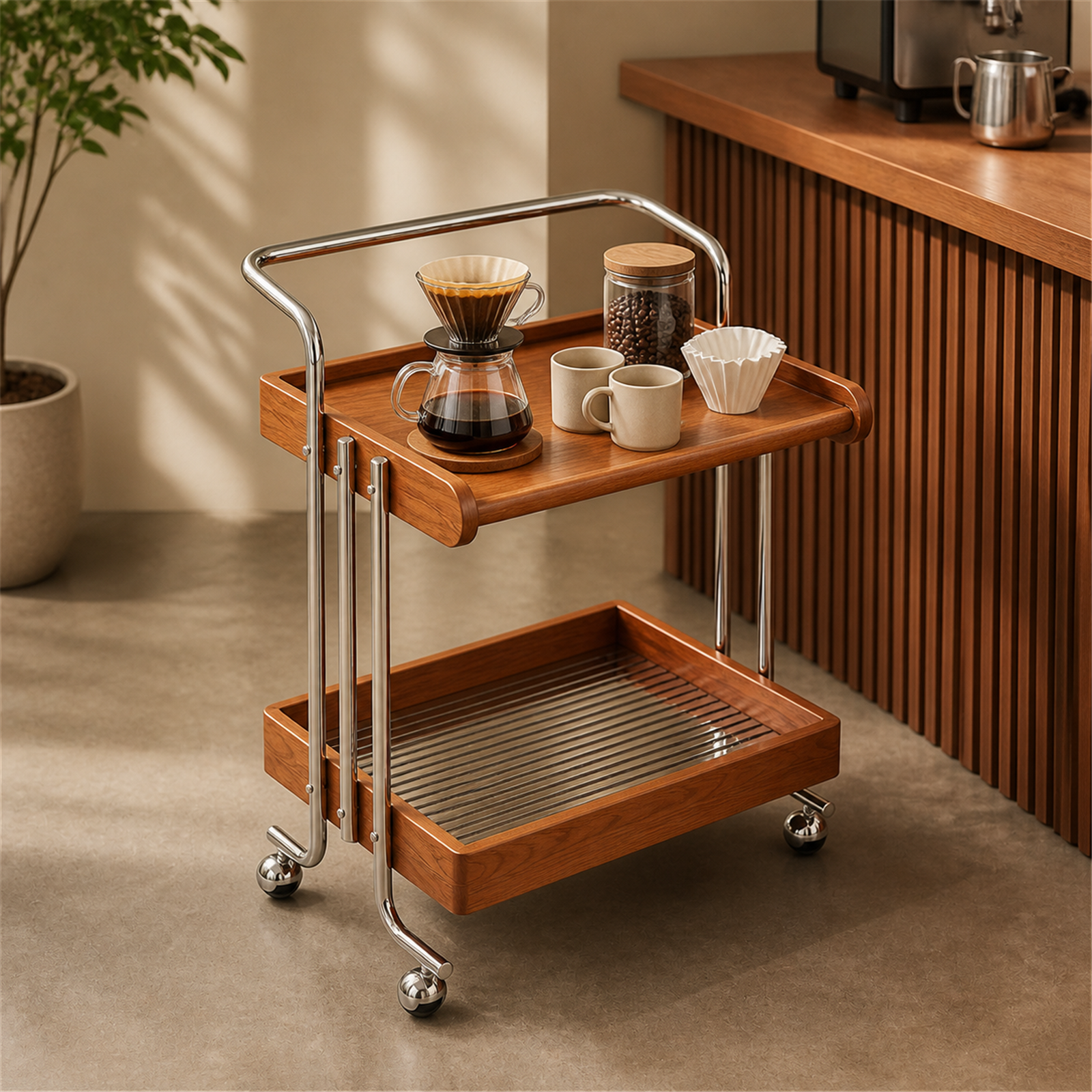 Cherry Wood mobile coffee bar cart styled with pour-over coffee