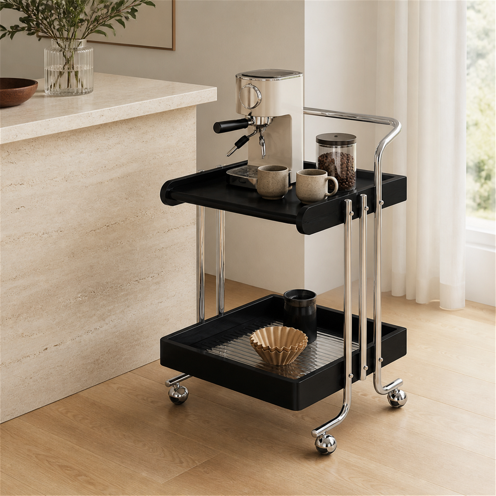 Vintage Black mobile coffee bar cart beside a light coffee counter