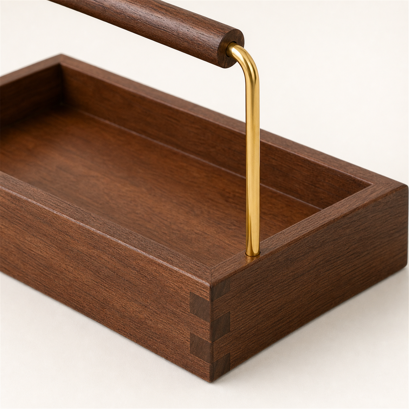 Gold-tone carry handle and finger-jointed rubberwood corner detail