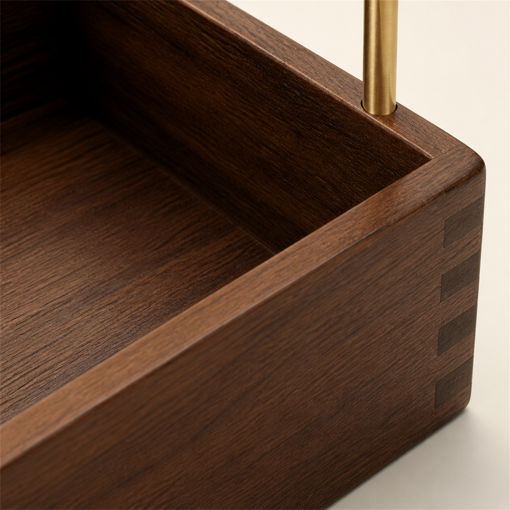 Deep caddy solid rubberwood grain and finished interior detail