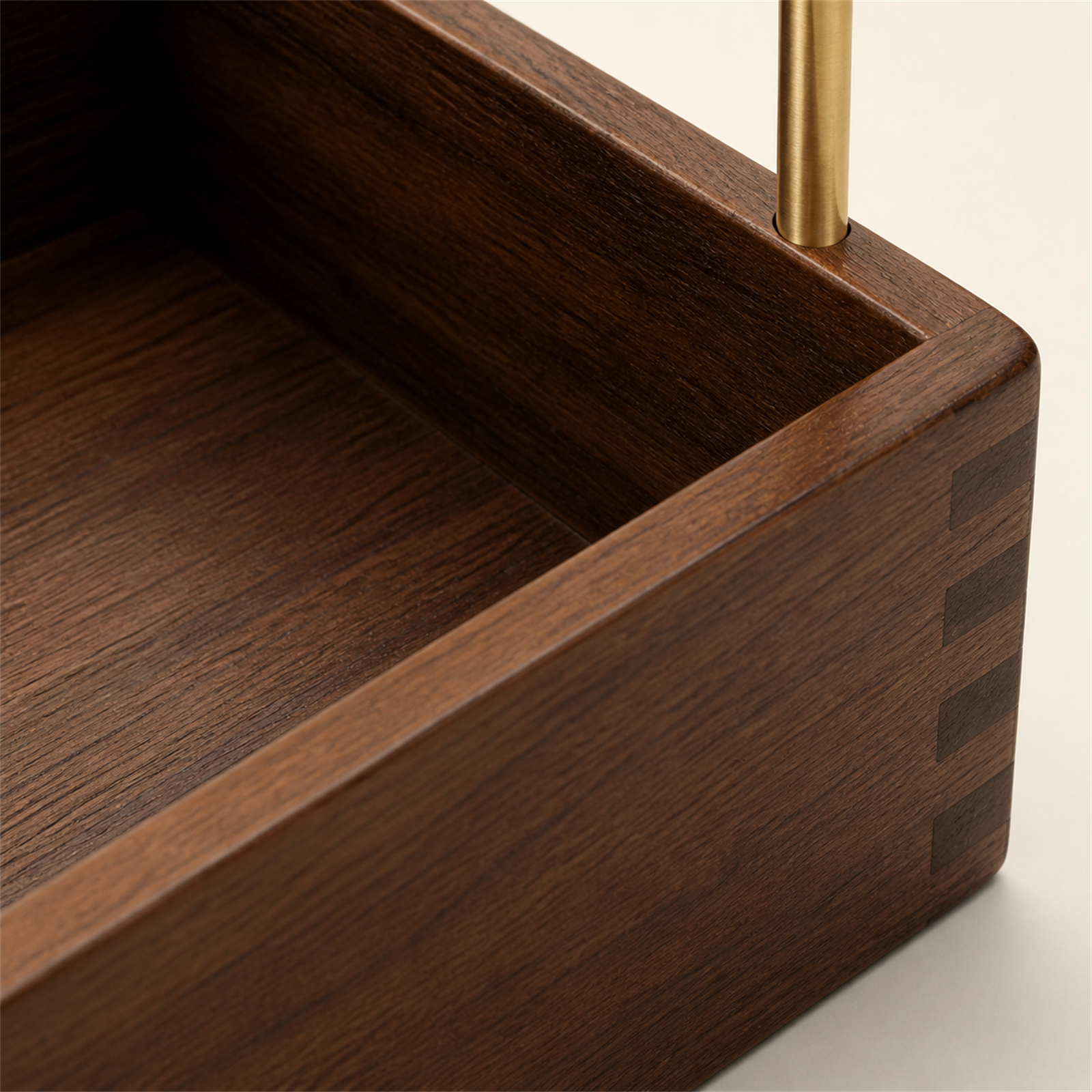 Deep caddy solid rubberwood grain and finished interior detail