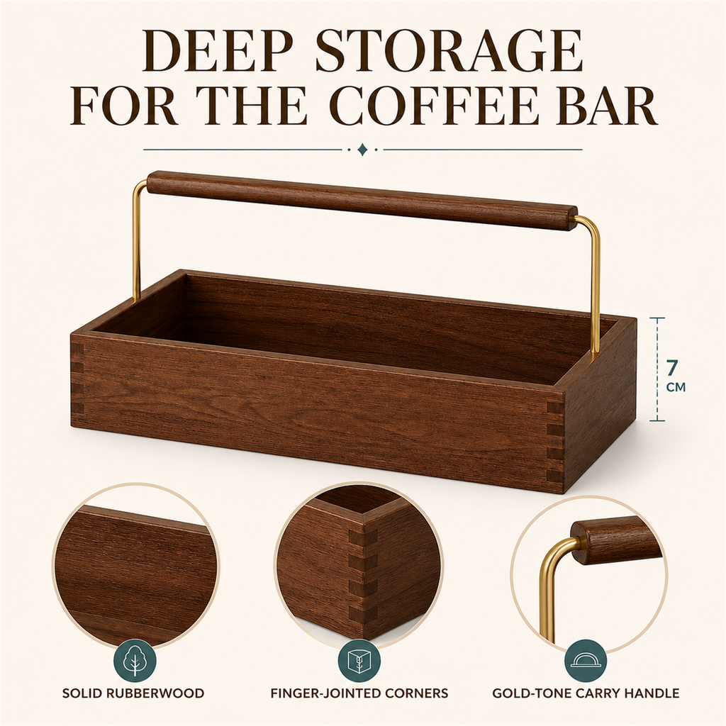 Deep solid rubberwood coffee caddy feature overview