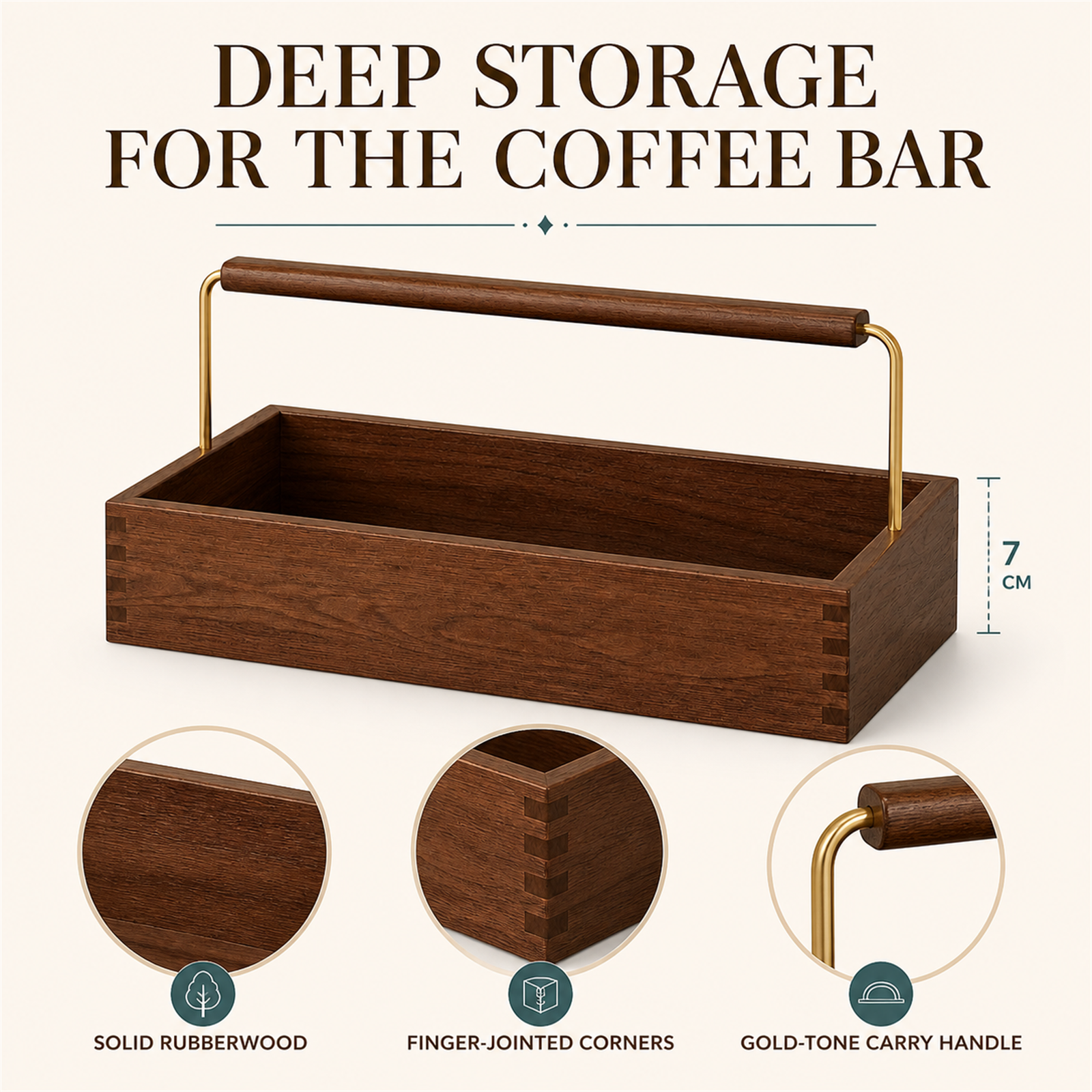 Deep solid rubberwood coffee caddy feature overview