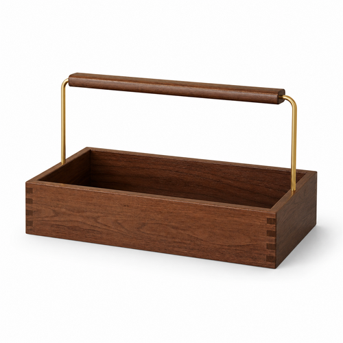 Deep finger-jointed solid rubberwood coffee caddy on white