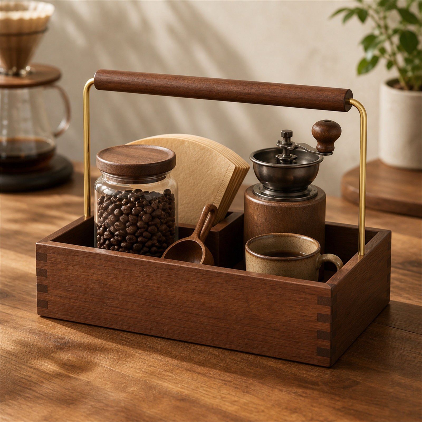 Deep solid rubberwood coffee caddy 30 by 20 cm in a coffee bar setting