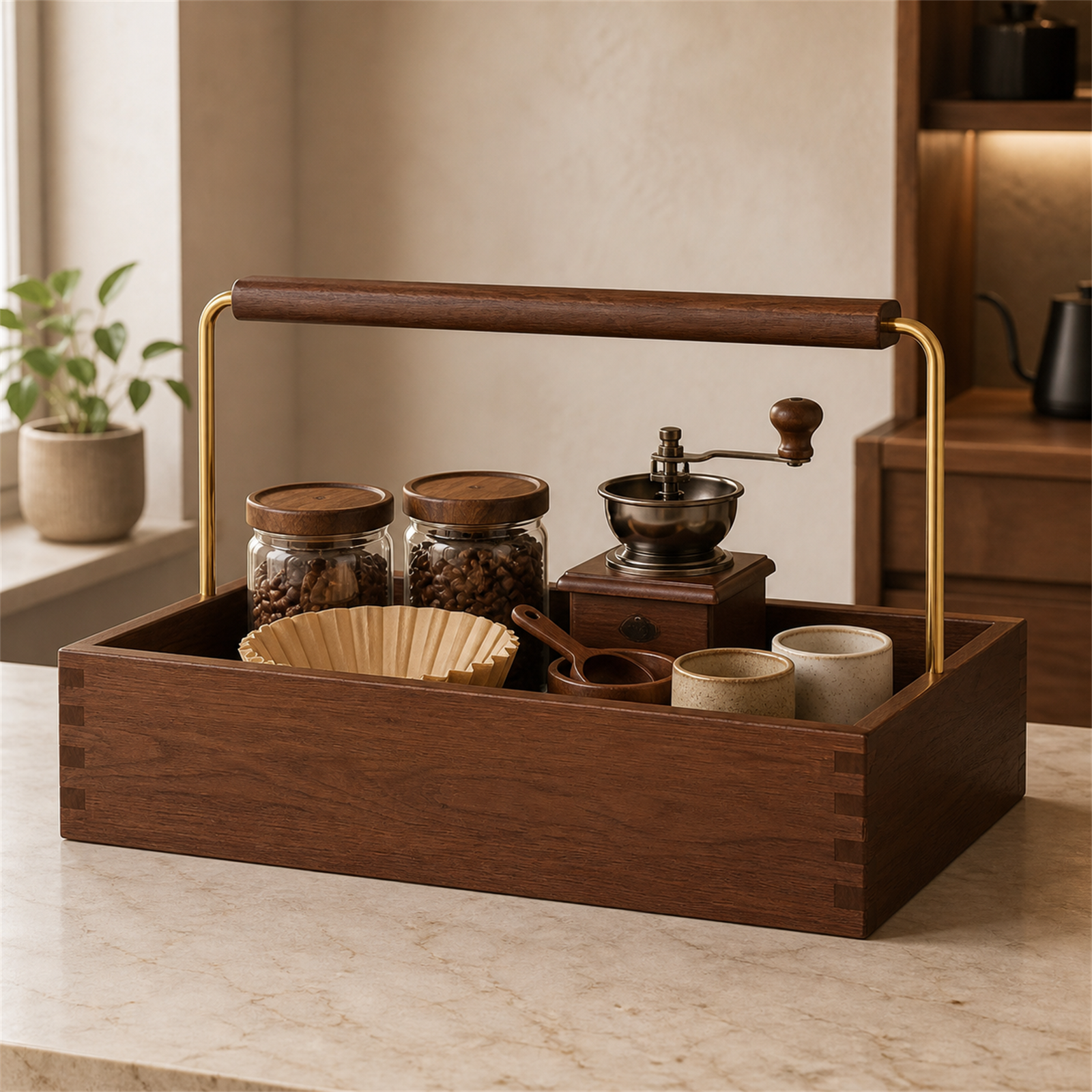 Deep solid rubberwood coffee caddy 40 by 25 cm in a coffee bar setting
