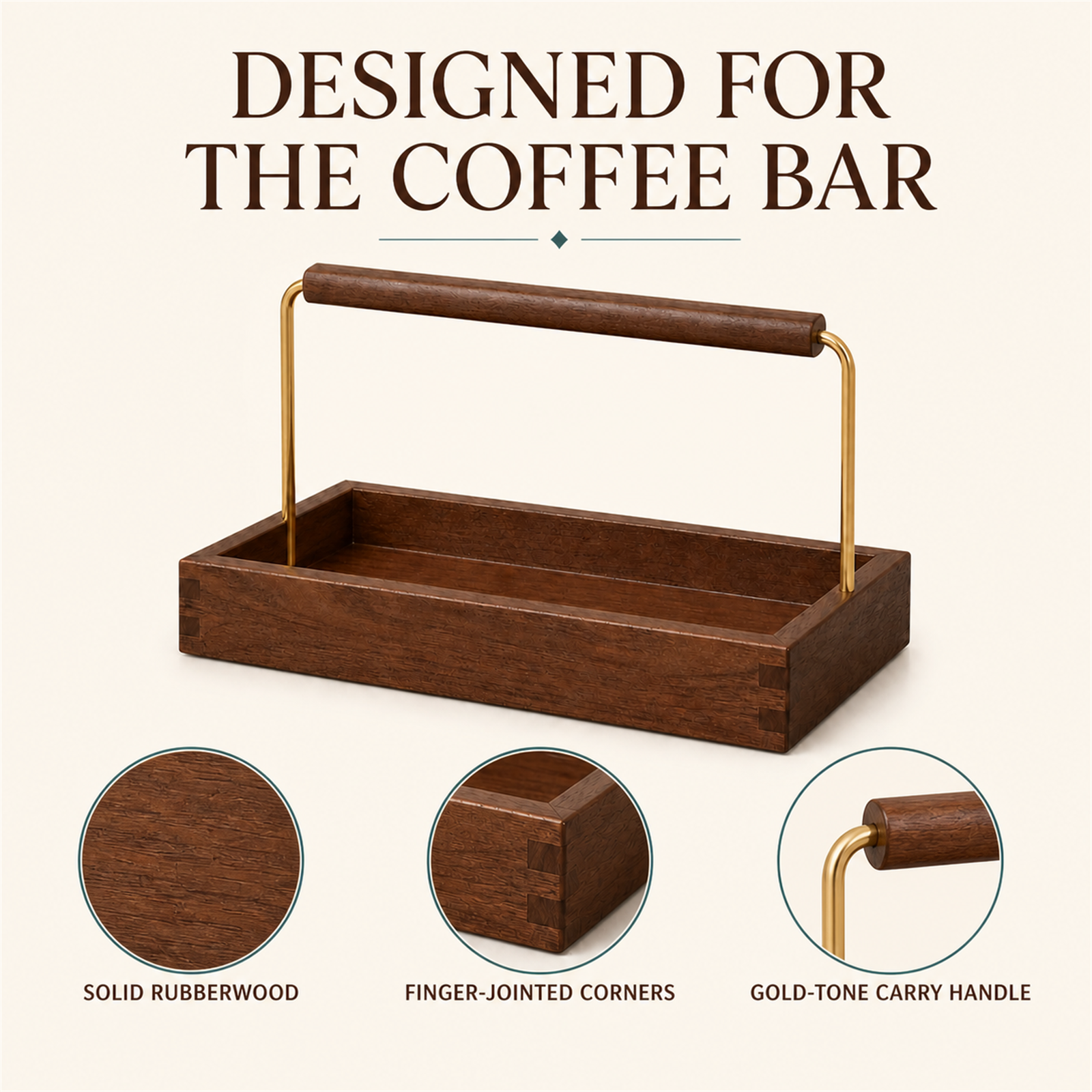 Shallow solid rubberwood coffee caddy feature overview