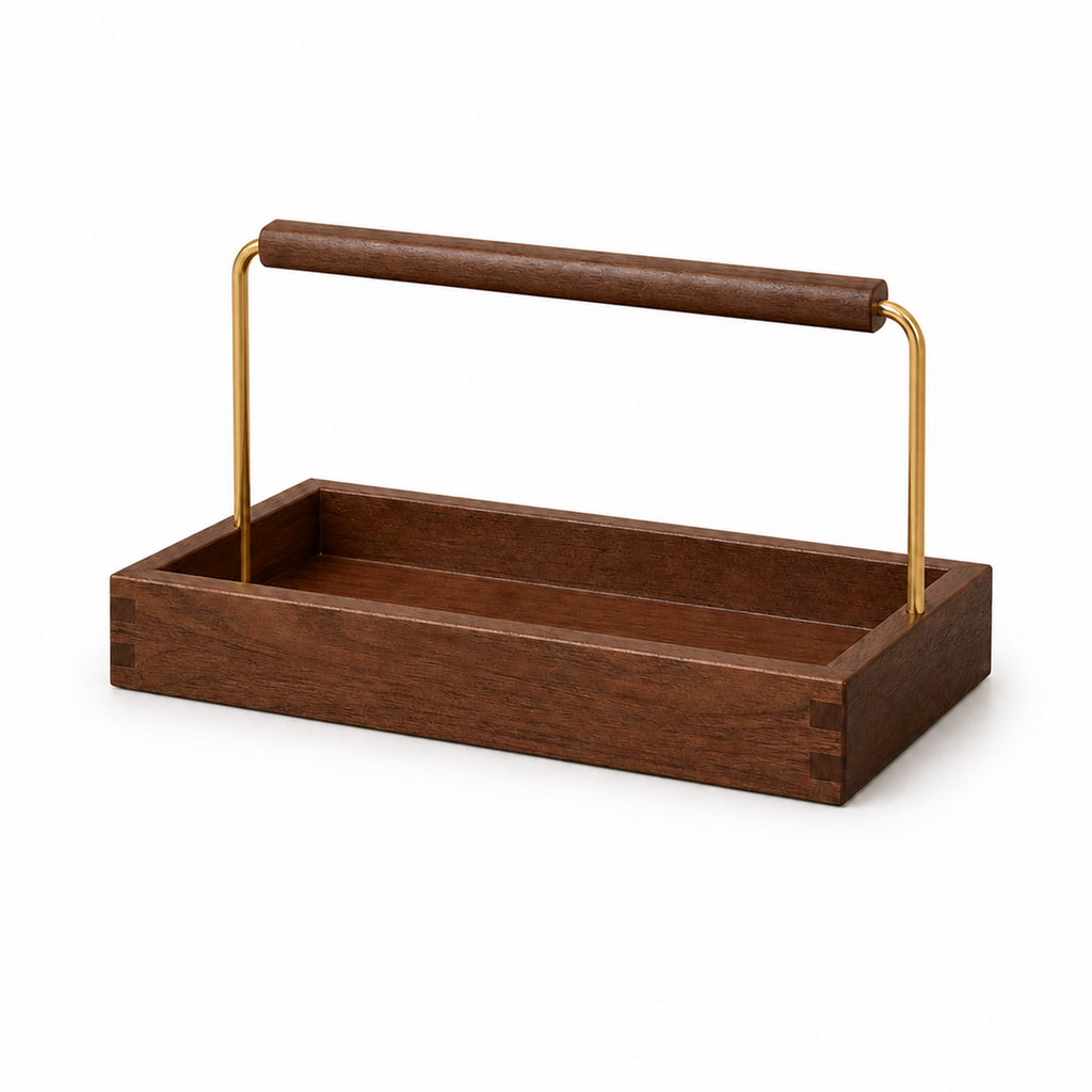 Shallow finger-jointed solid rubberwood coffee caddy on white