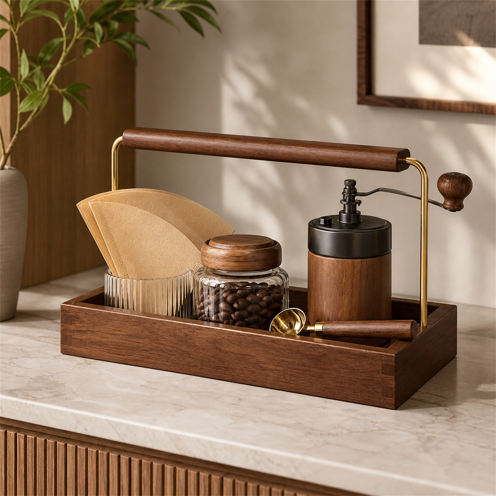 Shallow solid rubberwood coffee caddy 35 by 15 cm in a coffee bar setting
