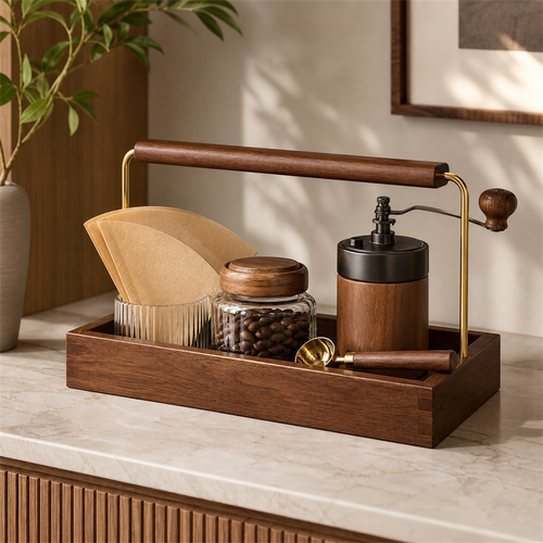 Shallow solid rubberwood coffee caddy 35 by 15 cm in a coffee bar setting