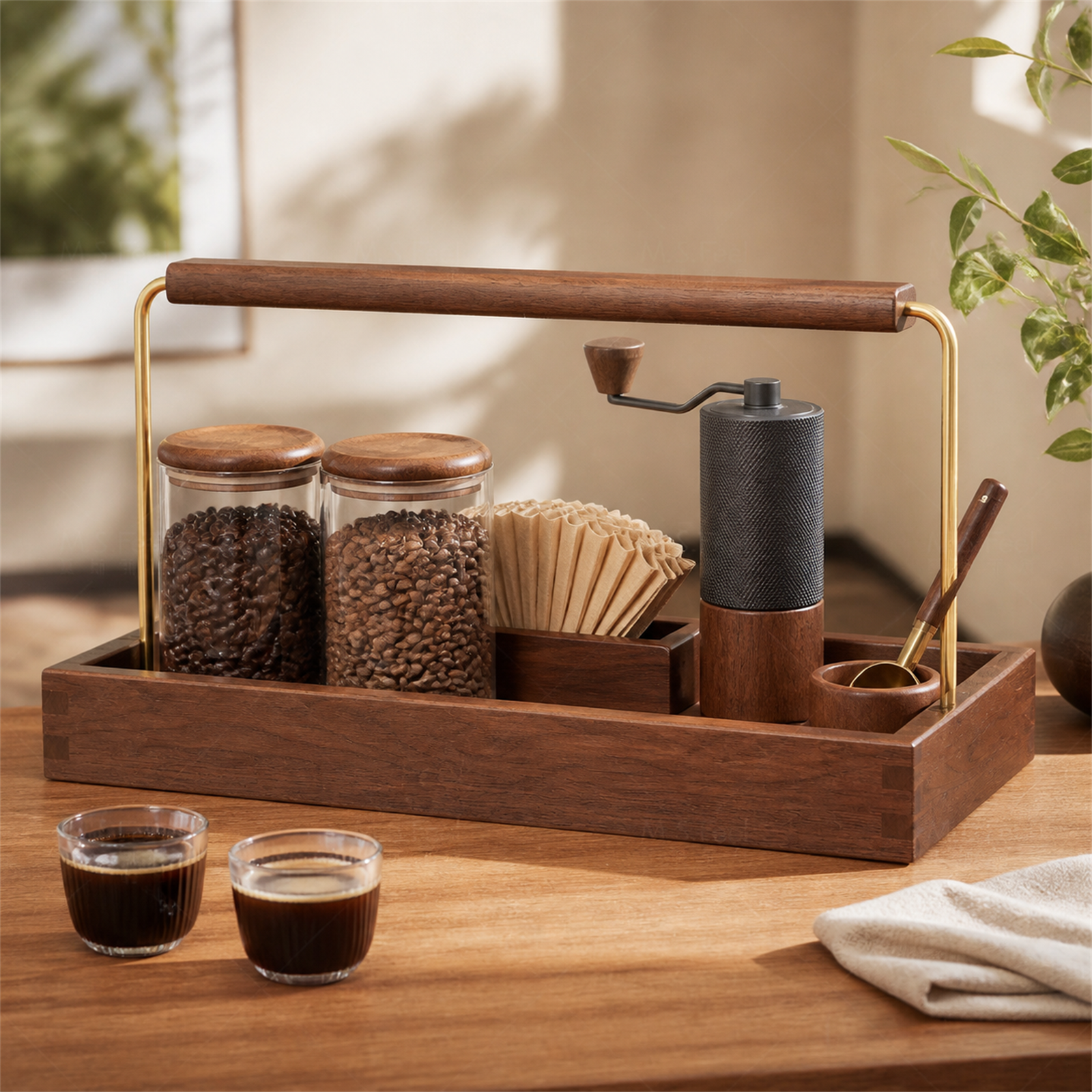Shallow solid rubberwood coffee caddy 40 by 20 cm in a coffee bar setting