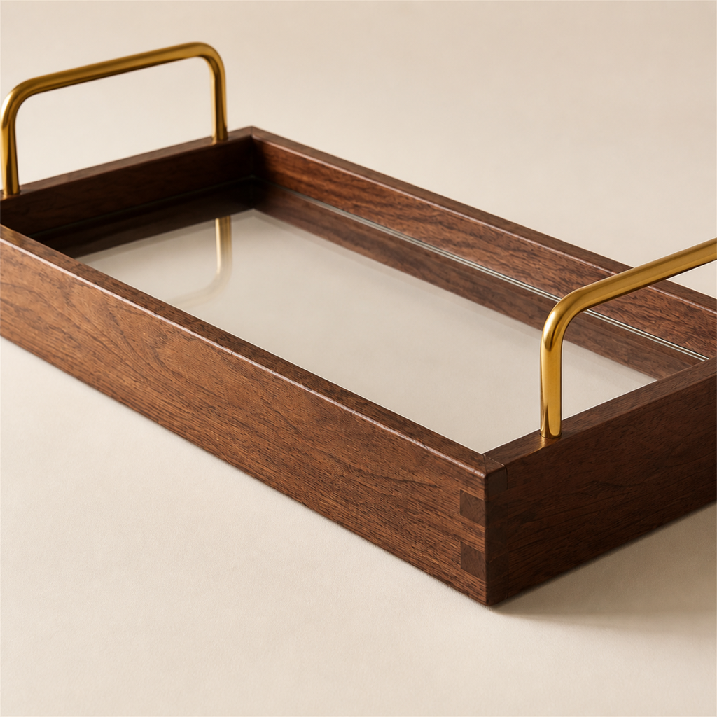 Clear acrylic serving tray base and solid rubberwood frame detail