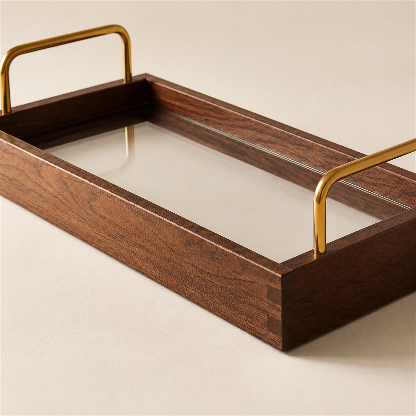 Clear acrylic serving tray base and solid rubberwood frame detail