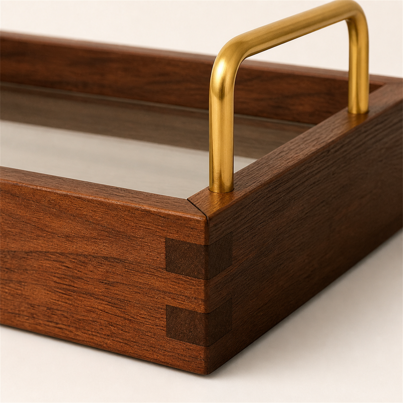 Gold-tone side handle and finger-jointed rubberwood corner detail