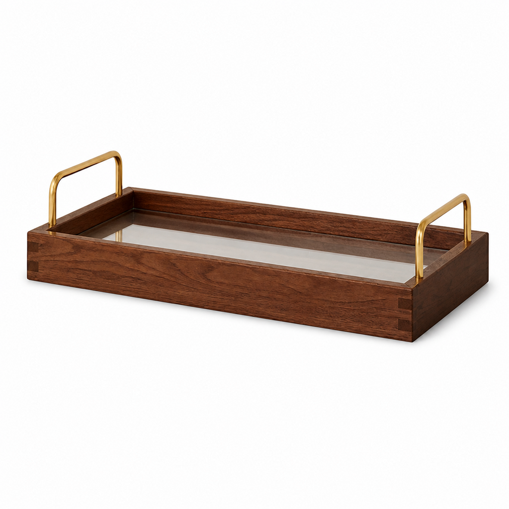 Solid rubberwood and clear acrylic coffee serving tray on white
