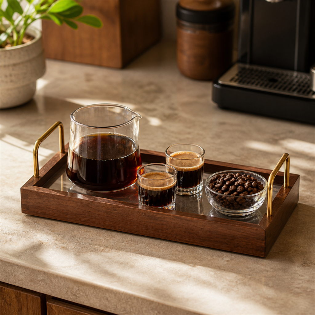Solid rubberwood and acrylic coffee serving tray 35 by 15 cm in use