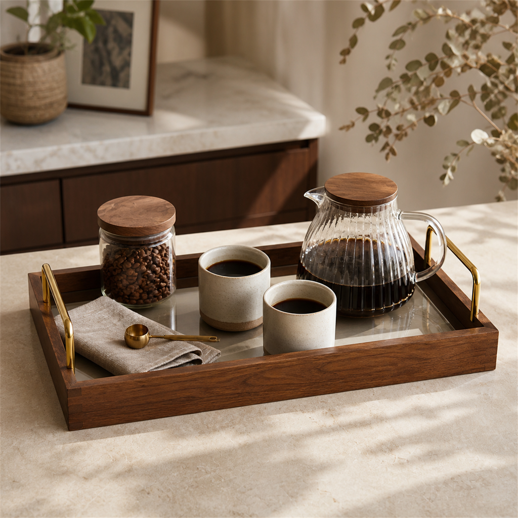 Solid rubberwood and acrylic coffee serving tray 40 by 20 cm in use