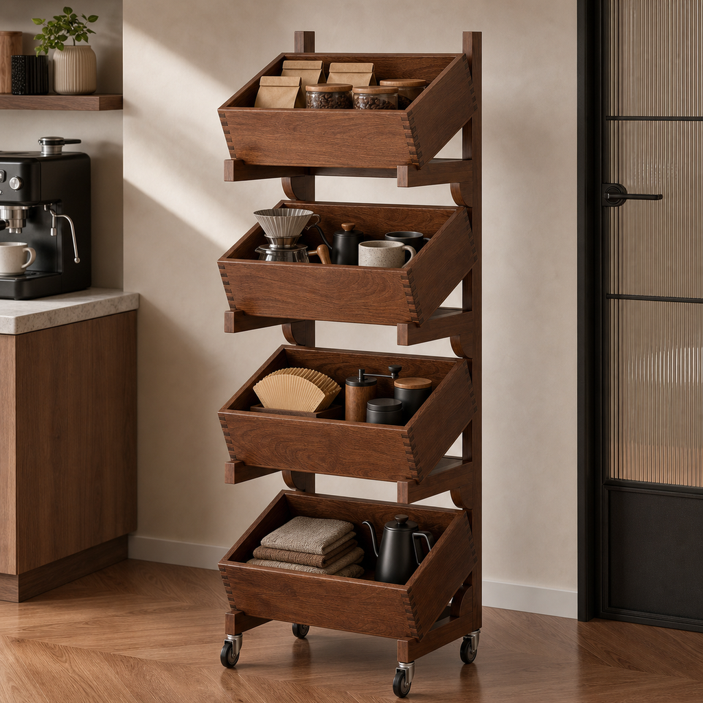 Solid wood tilting-bin coffee storage cart with four rolling tiers