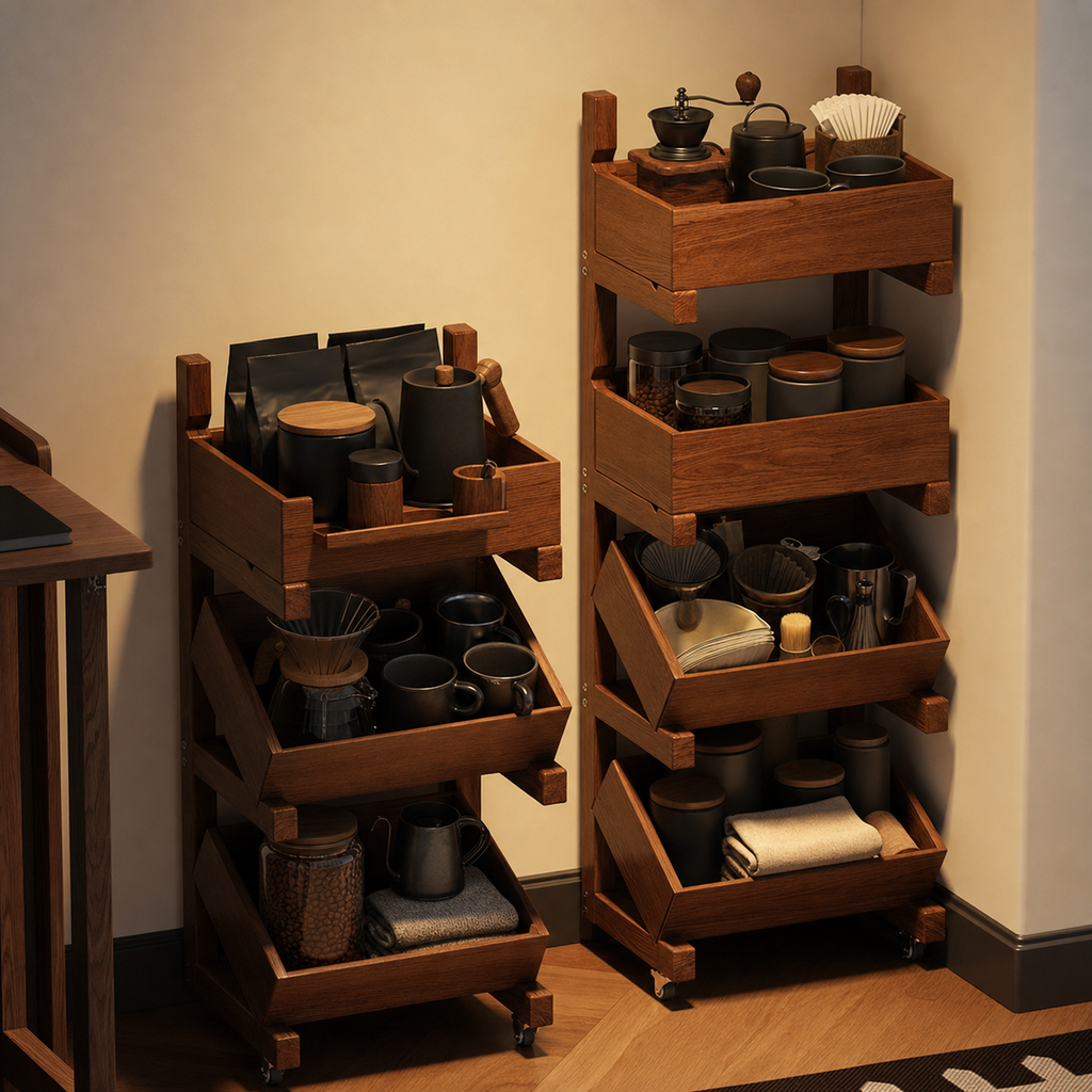 Three-tier and four-tier coffee storage cart configurations