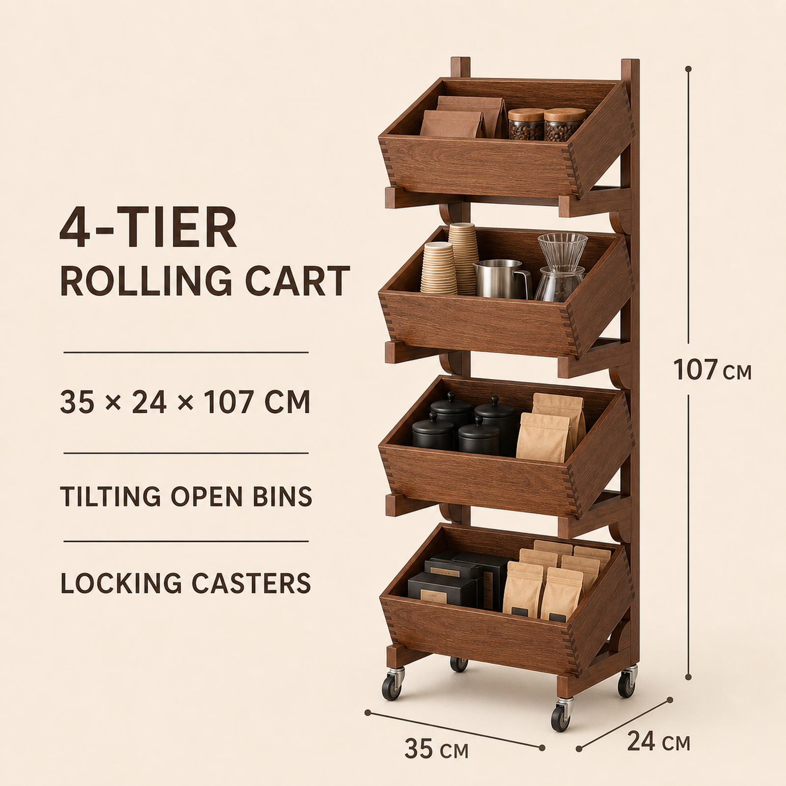 Four-tier rolling cart dimensions and features