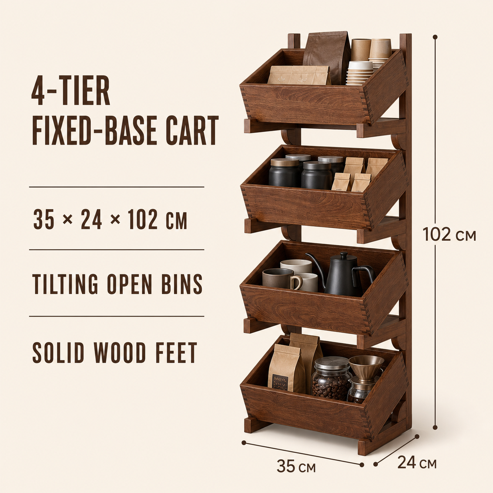 Four-tier fixed-base cart dimensions and features