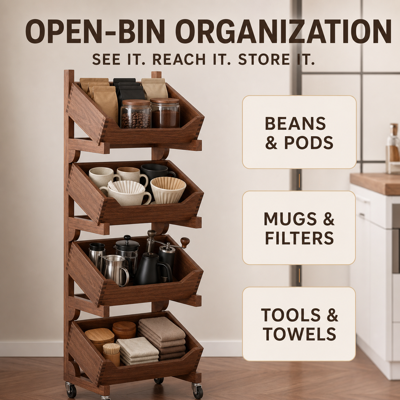 Open-bin organization for coffee beans mugs filters and tools