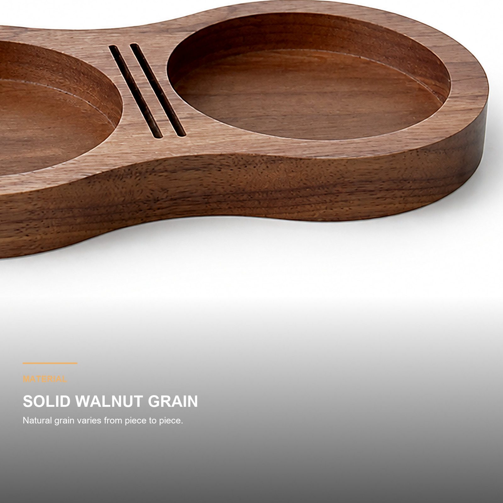 Close-up of natural solid walnut grain on espresso organizer