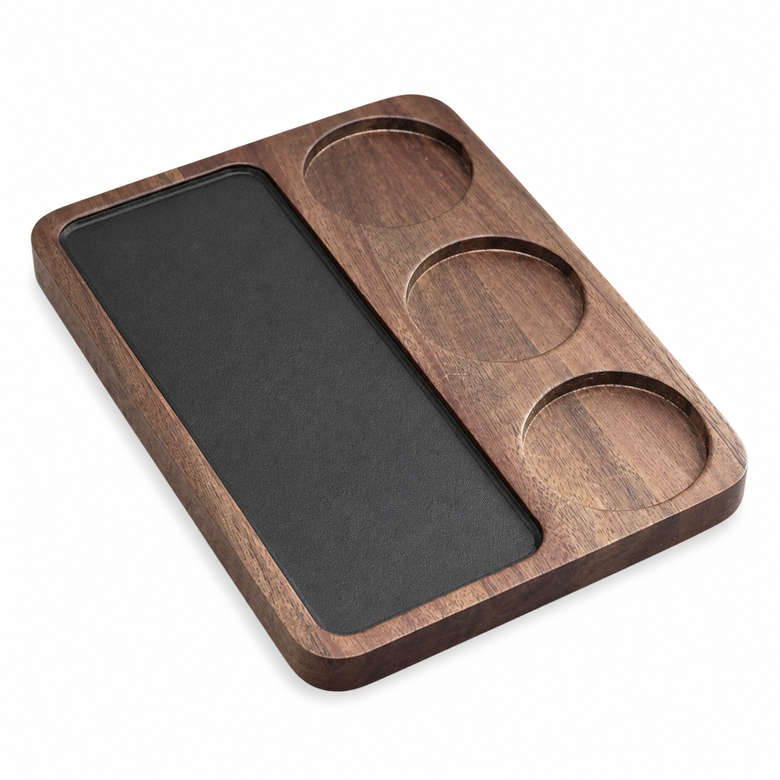 Solid walnut three-tool espresso tamping work board on white background